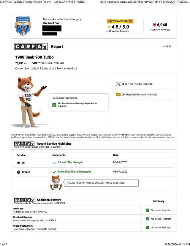 CARFAX Vehicle History Report for this 1988 SAAB 900 TURBO_ YS3AT75L4J7039540_Redacted_Page_1.jpg