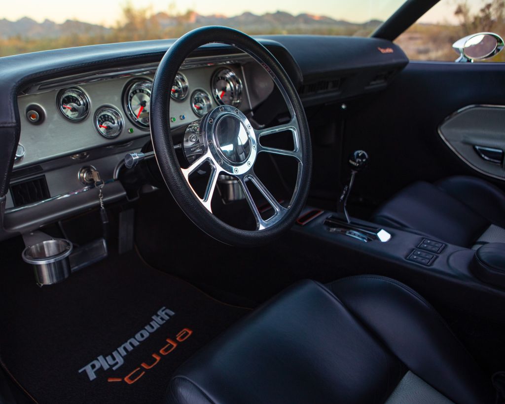 Dashboard and steering wheel of the 1971 Plymouth 'Cuda "Hell's HEMI" restomod