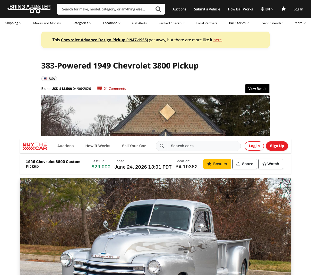1949 Chevrolet 3800: Bring a Trailer bid to $18,500 on April 6, 2026 (top); BuyTheCar bid to $29,000 on June 24, 2026 (bottom)