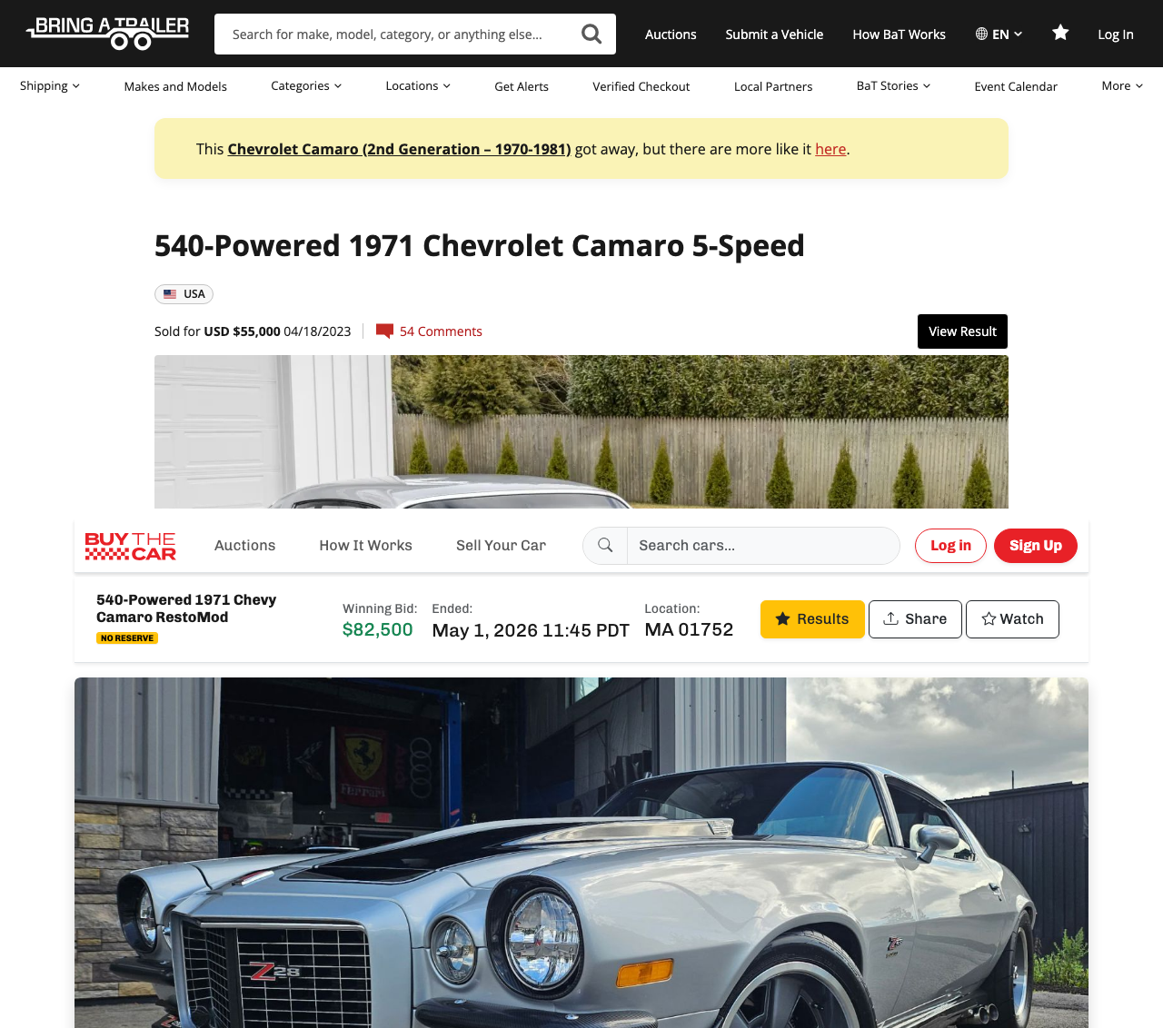 1971 Chevrolet Camaro: Bring a Trailer sold for $55,000 on April 18, 2023 (top); BuyTheCar sold for $82,500 on May 1, 2026 (bottom)