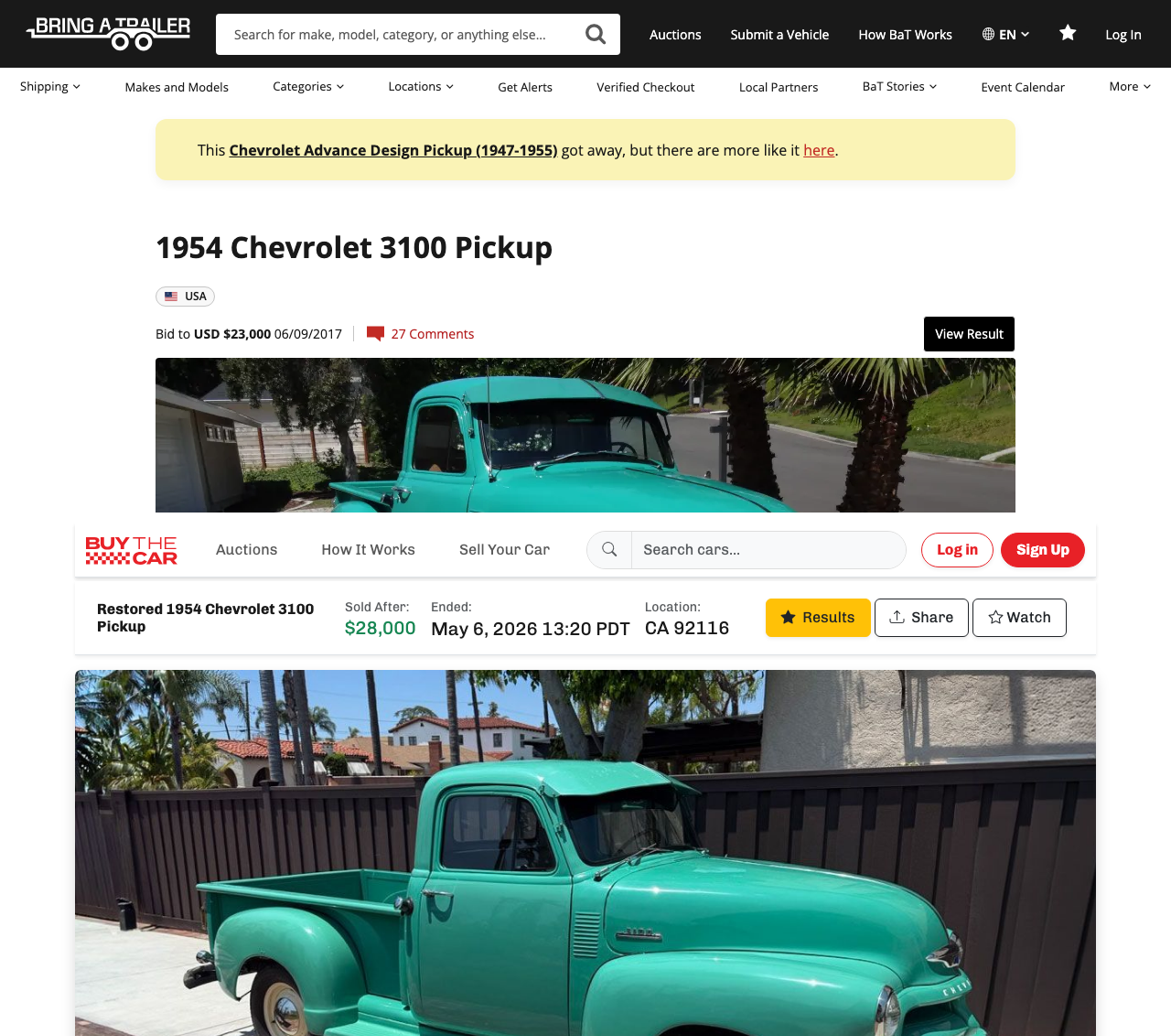 1954 Chevrolet 3100: Bring a Trailer bid to $23,000 on June 9, 2017 (top); BuyTheCar sold after at $28,000 on May 6, 2026 (bottom)